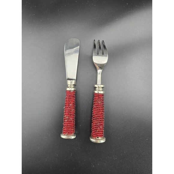 Vintage Pottery Barn Red Beaded Spreader and Fork - Picture 3 of 6